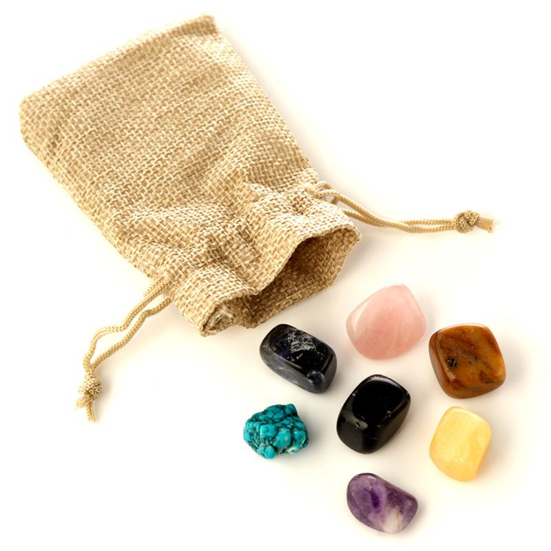 Mini Set of 7 Chakra Stones in Natural Drawstring Bag - Mind Body Soul